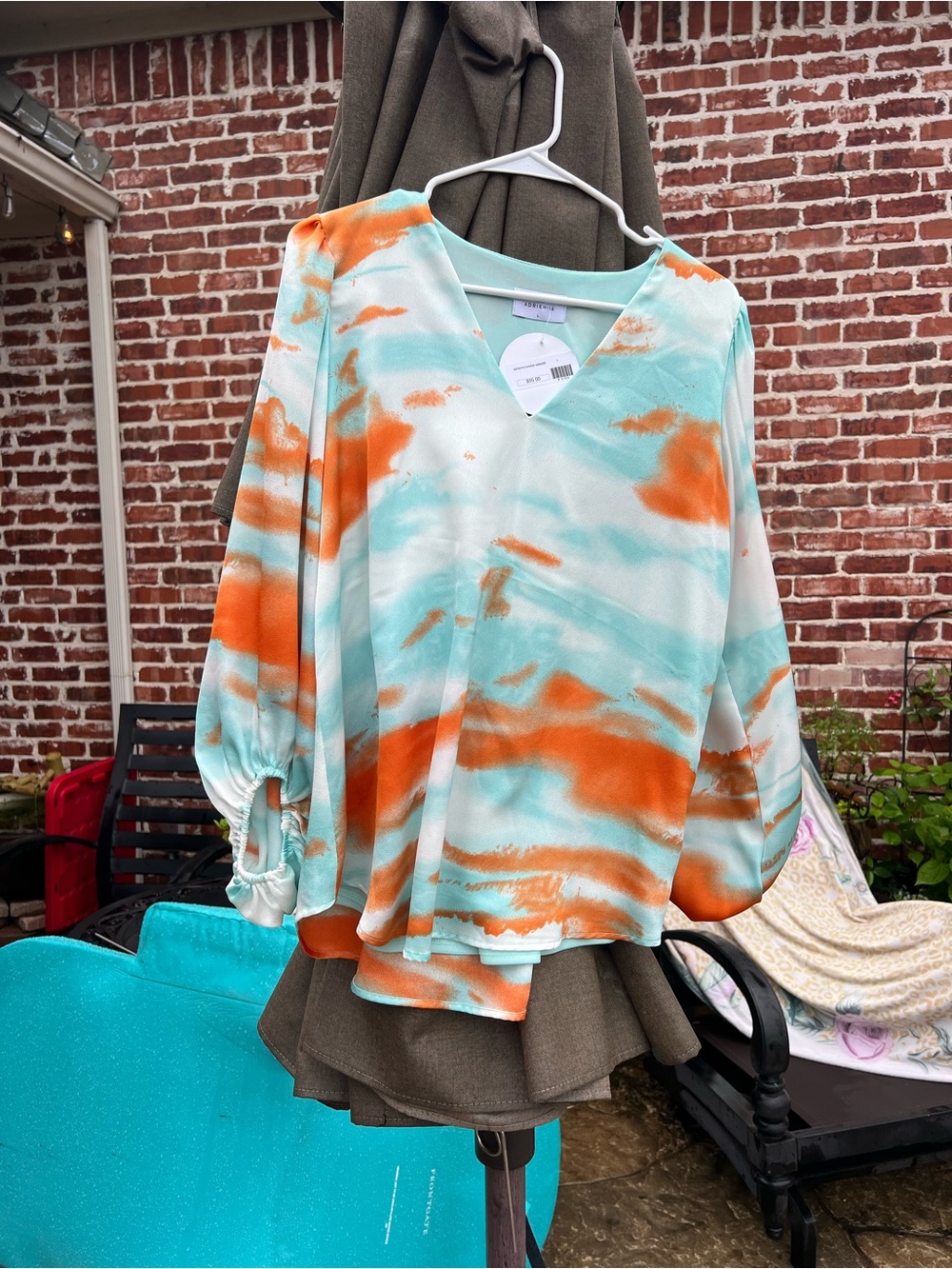 Adrienne Aqua and Orange Tie-Dye V-Neck Blouse